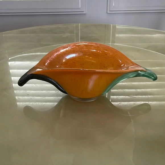 Handmade Blown Glass Vase Candy Bowl Orange Iridescent